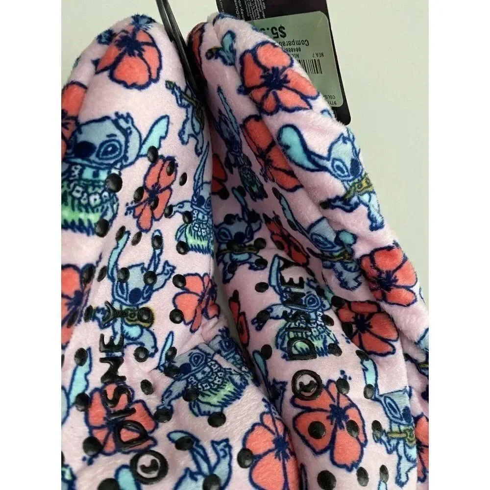 Disney Stitch Floral Fuzzy Babba Grip Slipper Socks Women’s Sz M/L Shoe 8-10 NWT